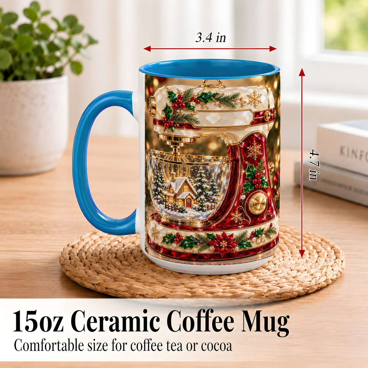 #pl[15oz|Blue] Christmas Stand Mixer Coffee Mug, Holiday Baking Mug, Ceramic Cup