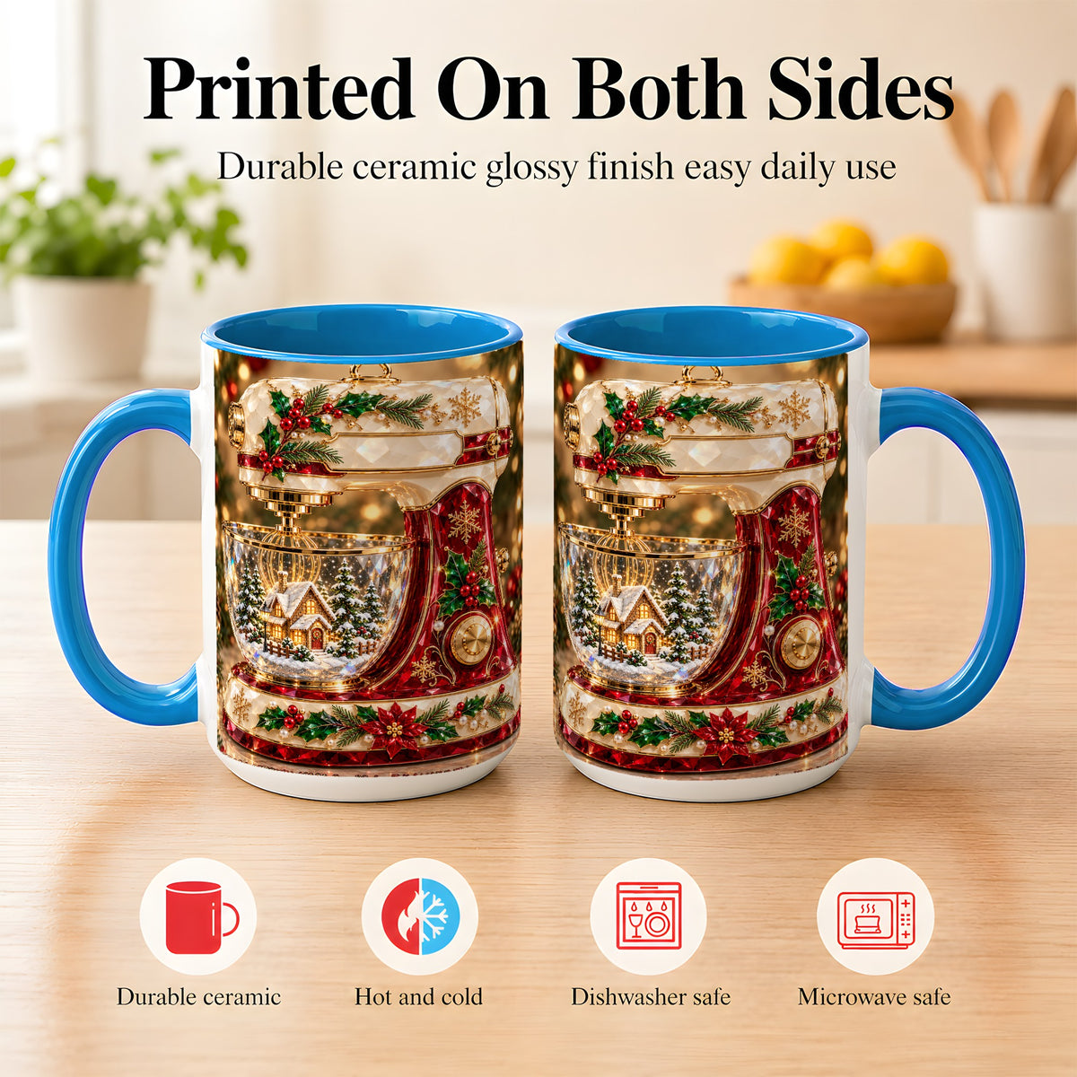 #pl[15oz|Blue] Christmas Stand Mixer Coffee Mug, Holiday Baking Mug, Ceramic Cup
