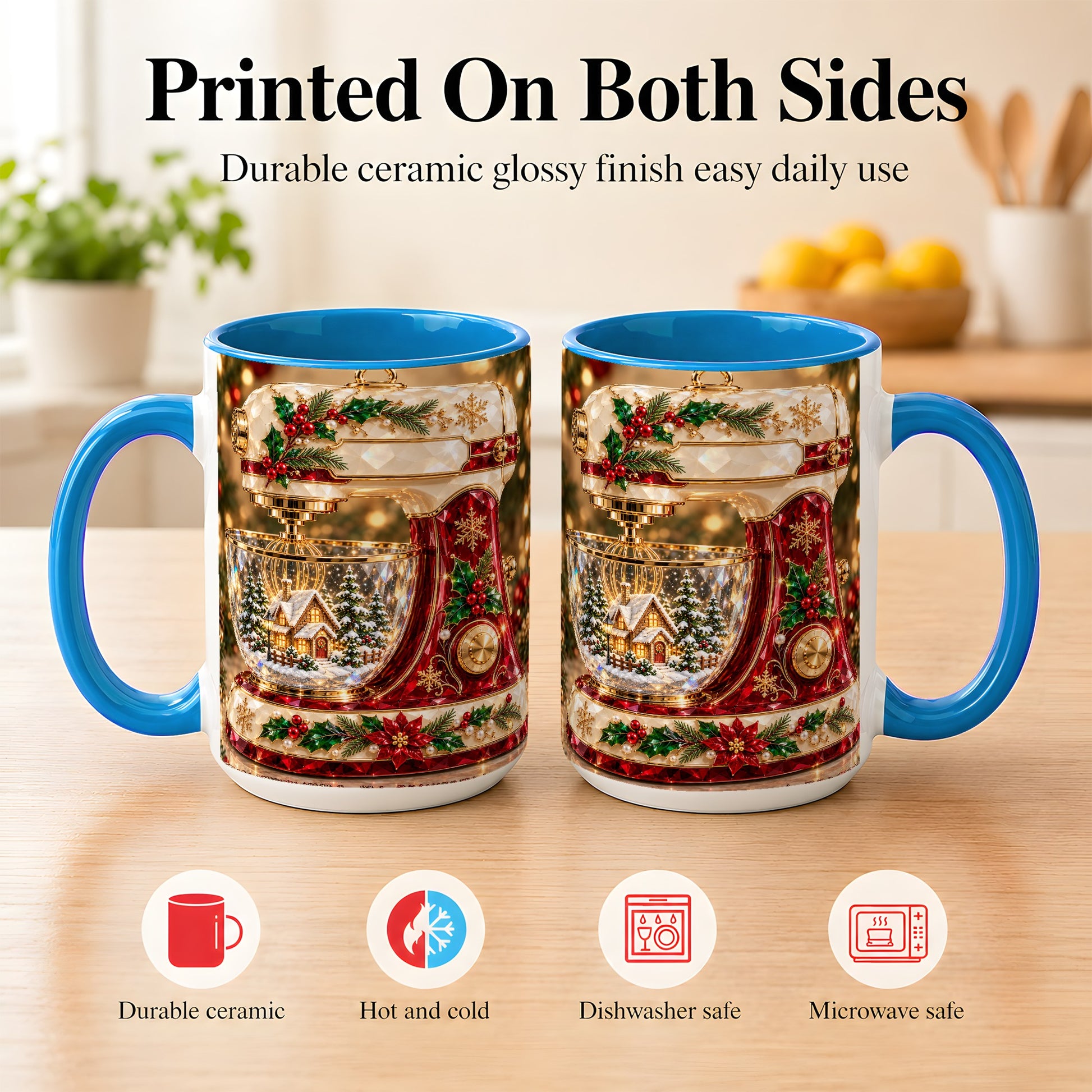 #pl[15oz|Blue] Christmas Stand Mixer Coffee Mug, Holiday Baking Mug, Ceramic Cup