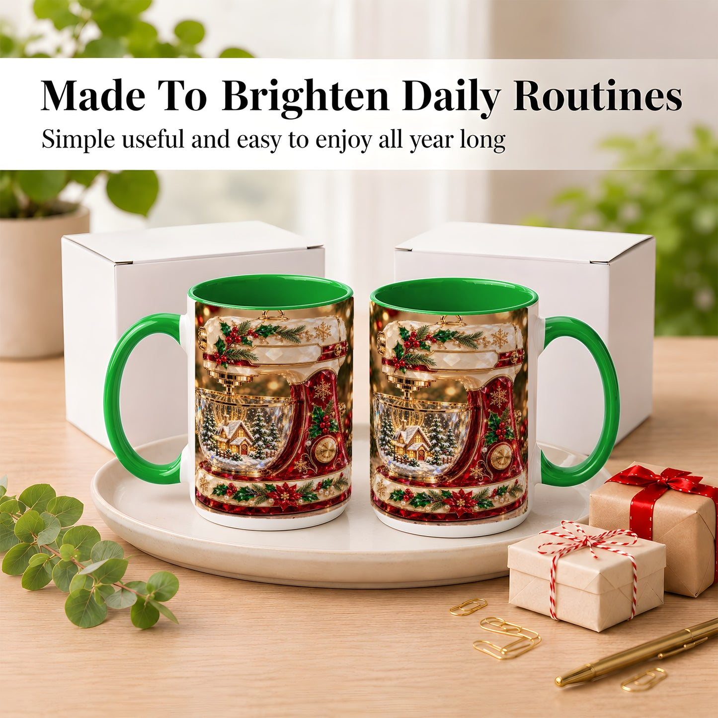 #pl[15oz|Green] Christmas Stand Mixer Coffee Mug, Holiday Baking Mug, Ceramic Cup