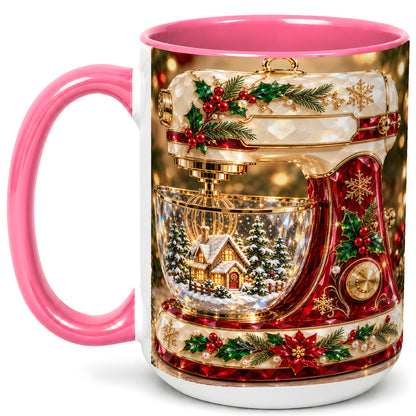#pl[15oz|Pink] Christmas Stand Mixer Coffee Mug, Holiday Baking Mug, Ceramic Cup