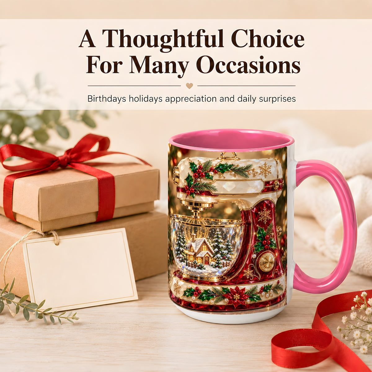 #pl[15oz|Pink] Christmas Stand Mixer Coffee Mug, Holiday Baking Mug, Ceramic Cup