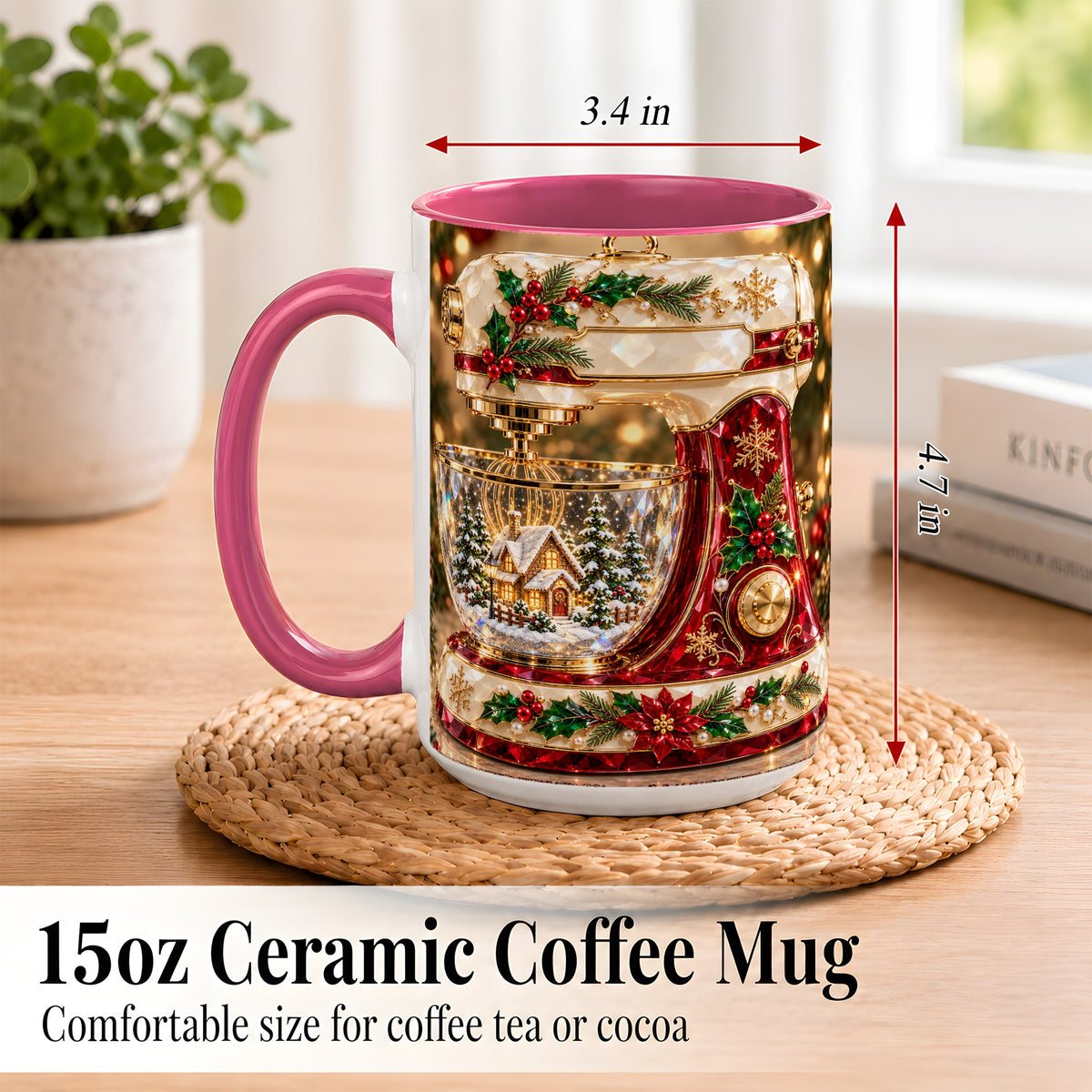 #pl[15oz|Pink] Christmas Stand Mixer Coffee Mug, Holiday Baking Mug, Ceramic Cup