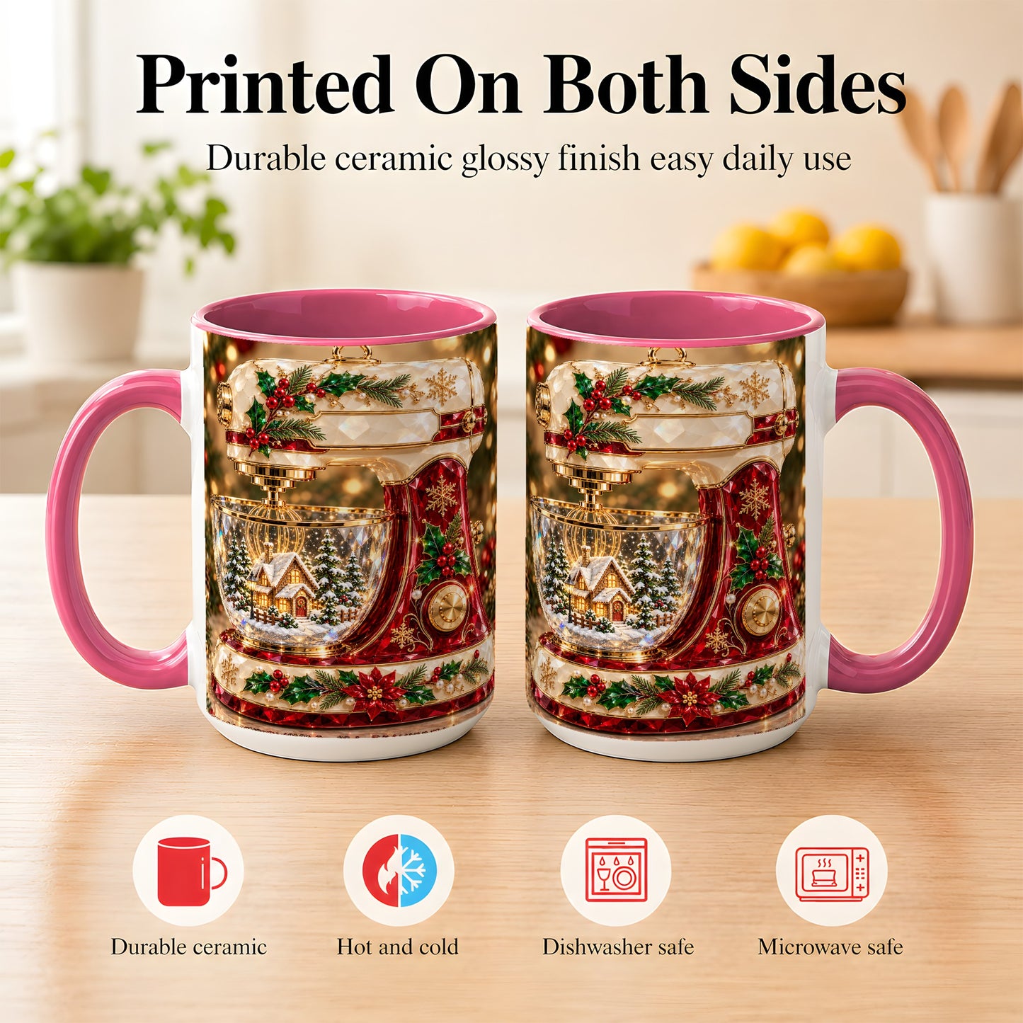 #pl[15oz|Pink] Christmas Stand Mixer Coffee Mug, Holiday Baking Mug, Ceramic Cup