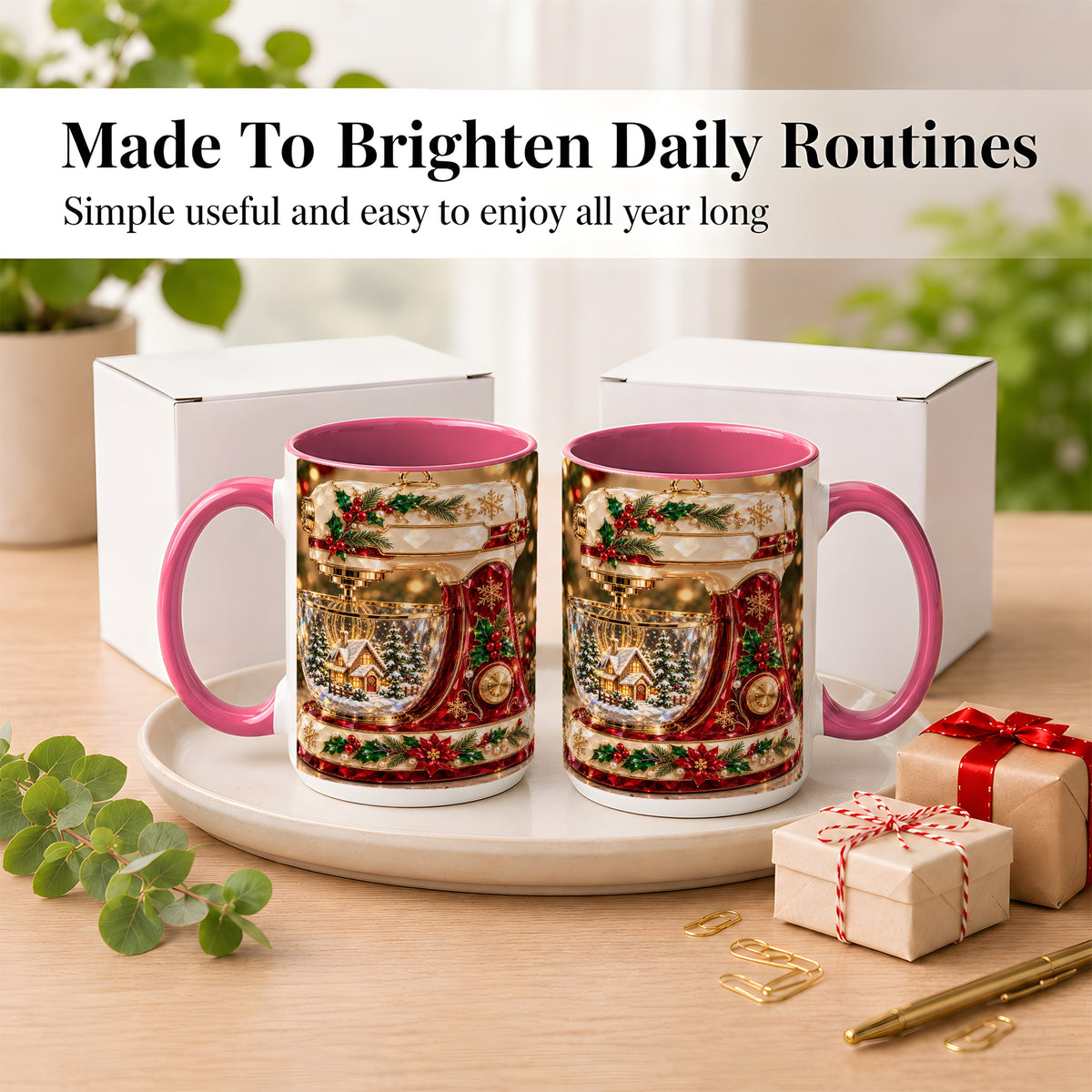 #pl[15oz|Pink] Christmas Stand Mixer Coffee Mug, Holiday Baking Mug, Ceramic Cup