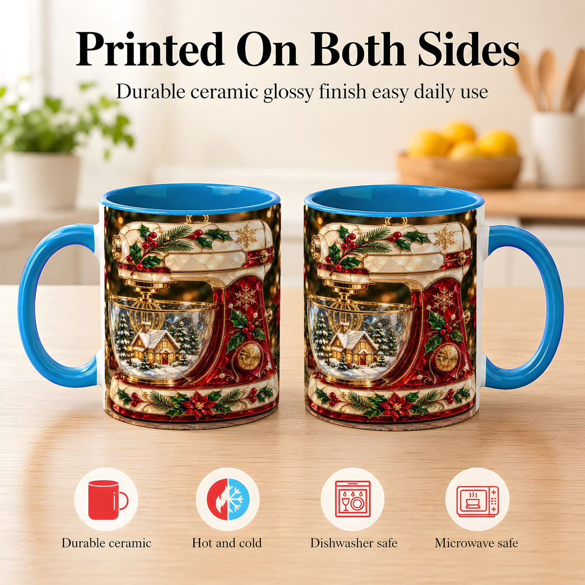 #pl[11oz|Blue] Holiday Baking Mixer Coffee Mug, Christmas Kitchen Mug, Ceramic Cup