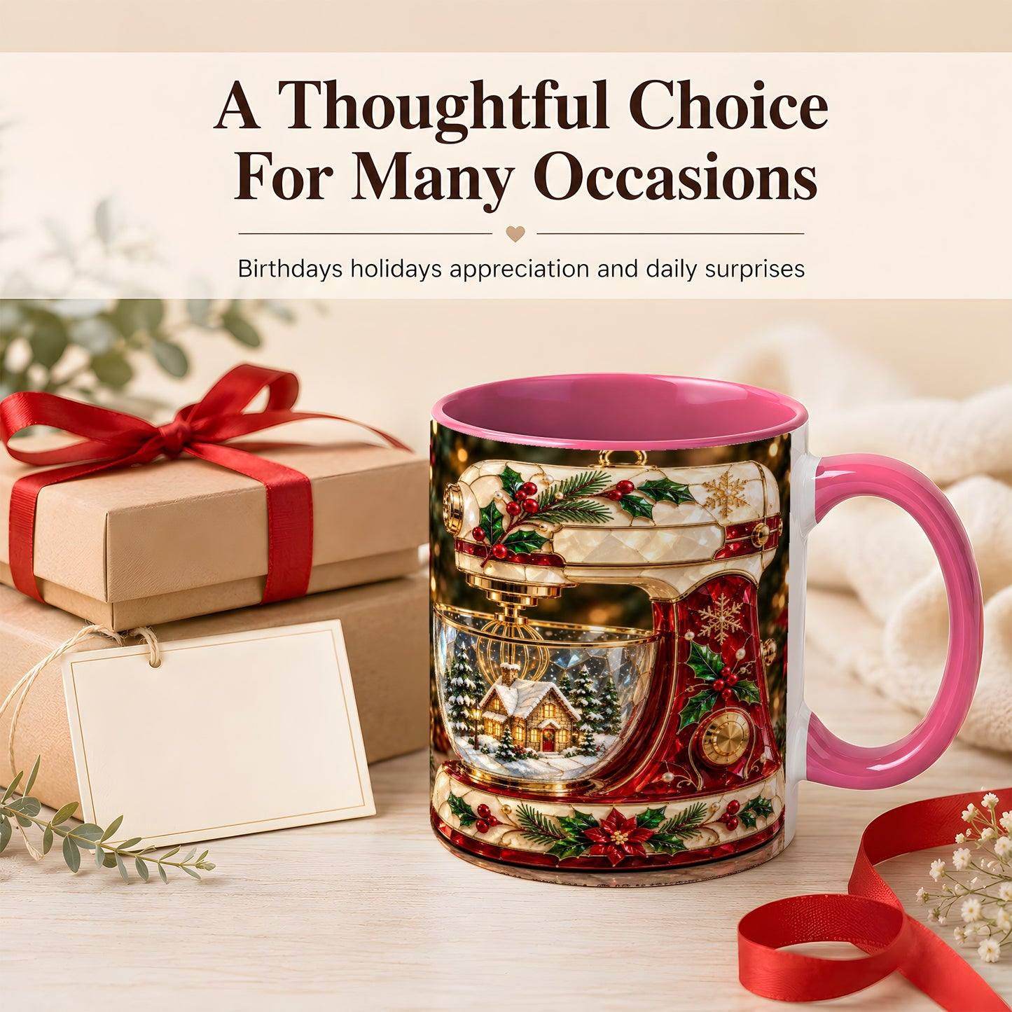 #pl[11oz|Pink] Holiday Baking Mixer Coffee Mug, Christmas Kitchen Mug, Ceramic Cup