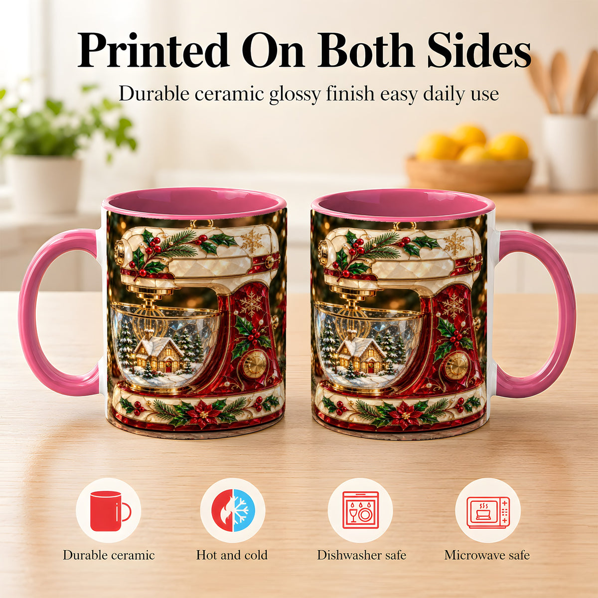 #pl[11oz|Pink] Holiday Baking Mixer Coffee Mug, Christmas Kitchen Mug, Ceramic Cup