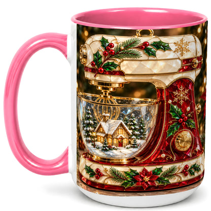 #pl[15oz|Pink] Holiday Baking Mixer Coffee Mug, Christmas Kitchen Mug, Ceramic Cup