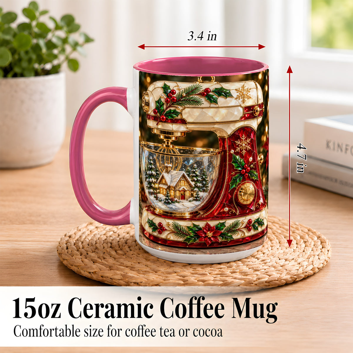 #pl[15oz|Pink] Holiday Baking Mixer Coffee Mug, Christmas Kitchen Mug, Ceramic Cup