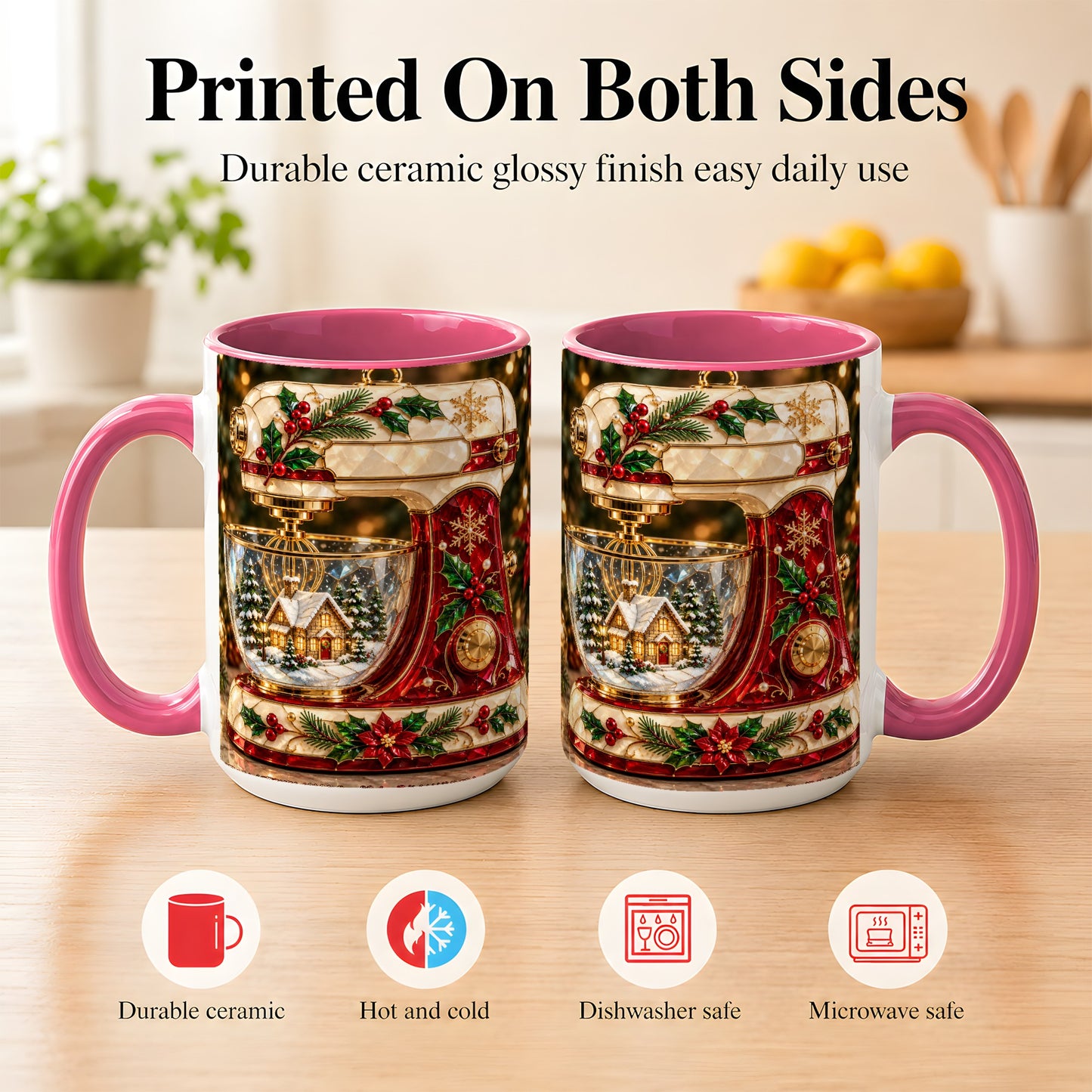 #pl[15oz|Pink] Holiday Baking Mixer Coffee Mug, Christmas Kitchen Mug, Ceramic Cup
