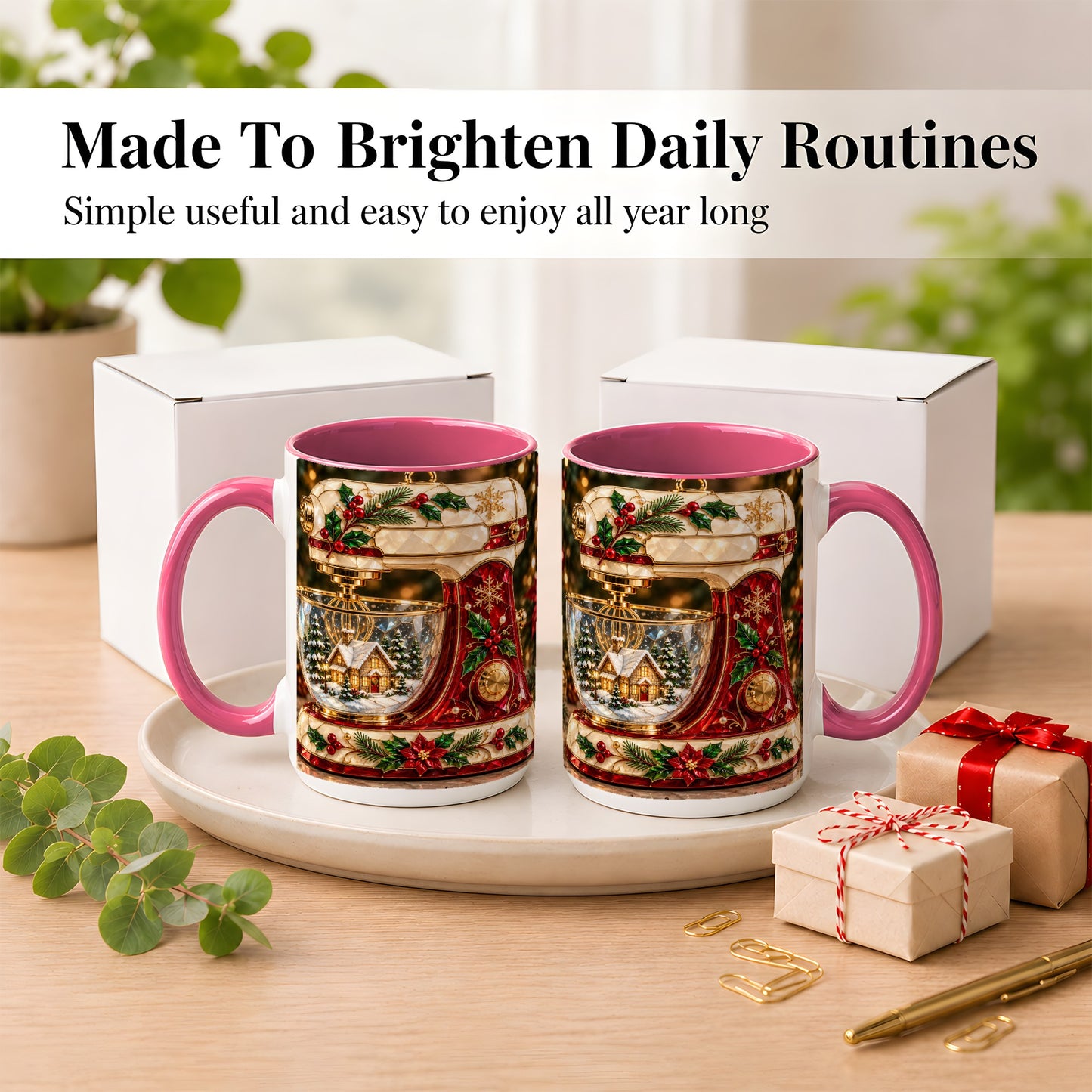 #pl[15oz|Pink] Holiday Baking Mixer Coffee Mug, Christmas Kitchen Mug, Ceramic Cup