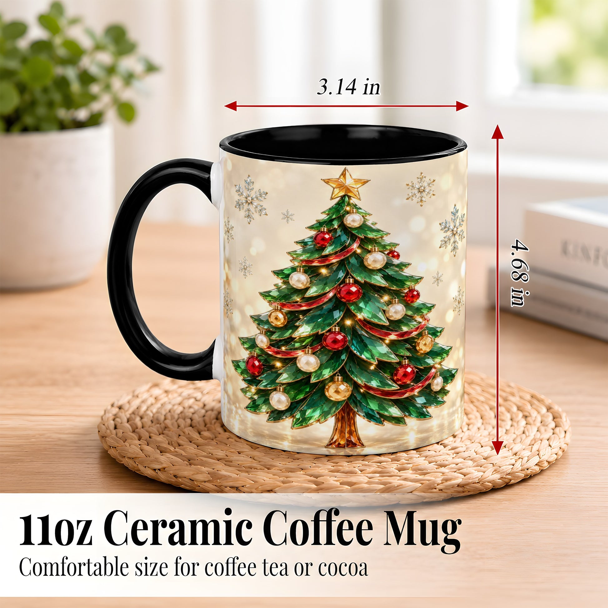 #pl[11oz|Black] Jeweled Christmas Tree Coffee Mug, Festive Ornament Mug, Ceramic Cup