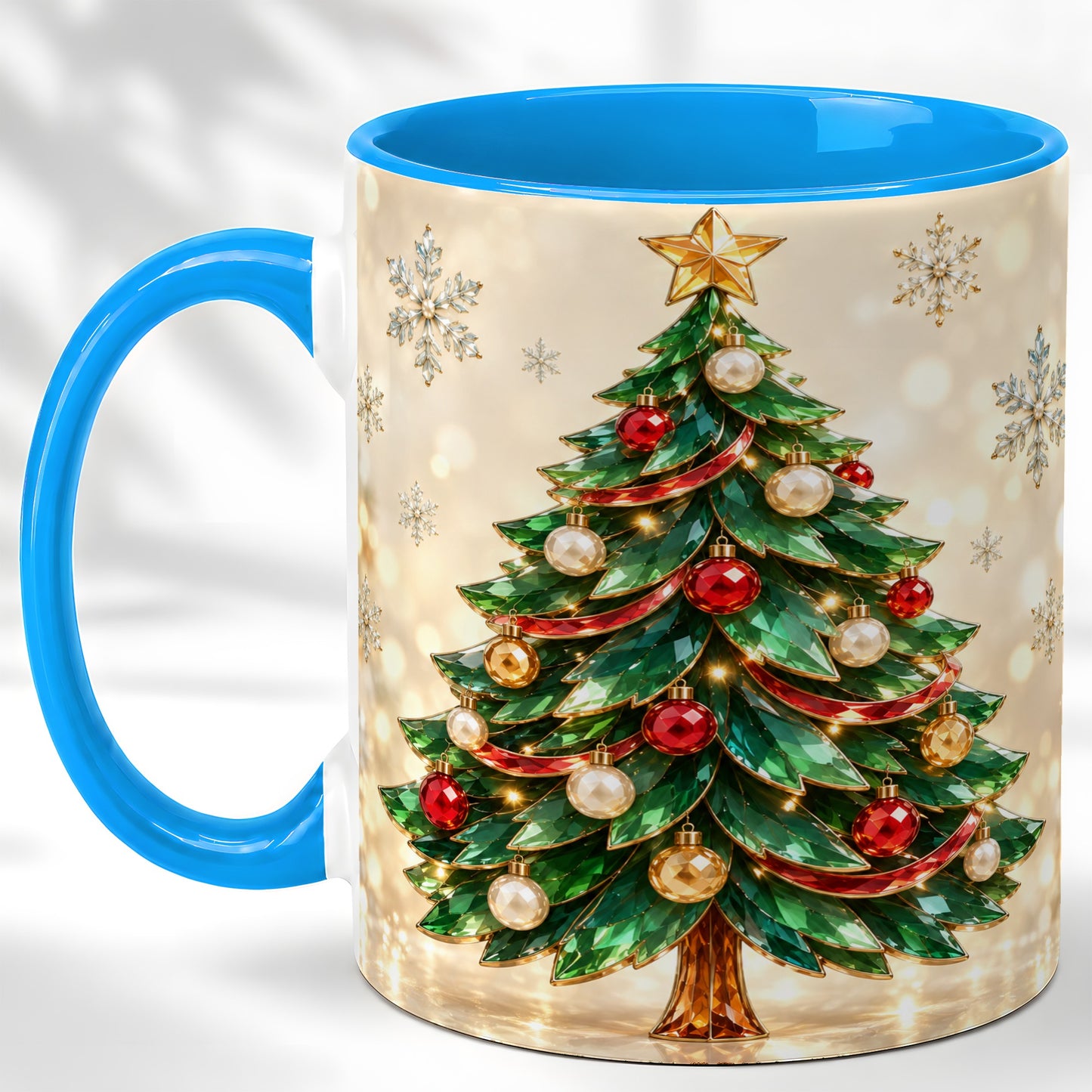 #pl[11oz|Blue] Jeweled Christmas Tree Coffee Mug, Festive Ornament Mug, Ceramic Cup