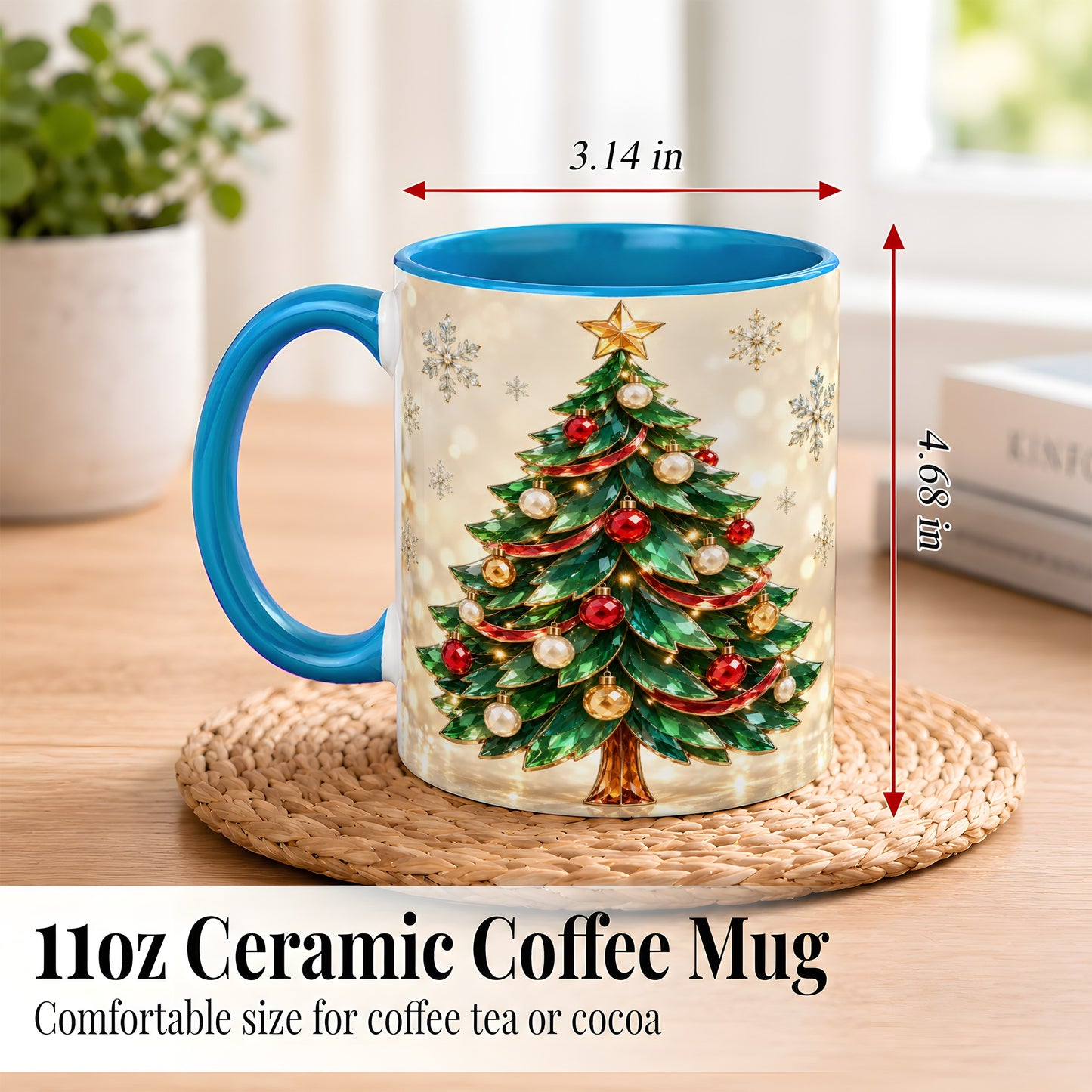 #pl[11oz|Blue] Jeweled Christmas Tree Coffee Mug, Festive Ornament Mug, Ceramic Cup