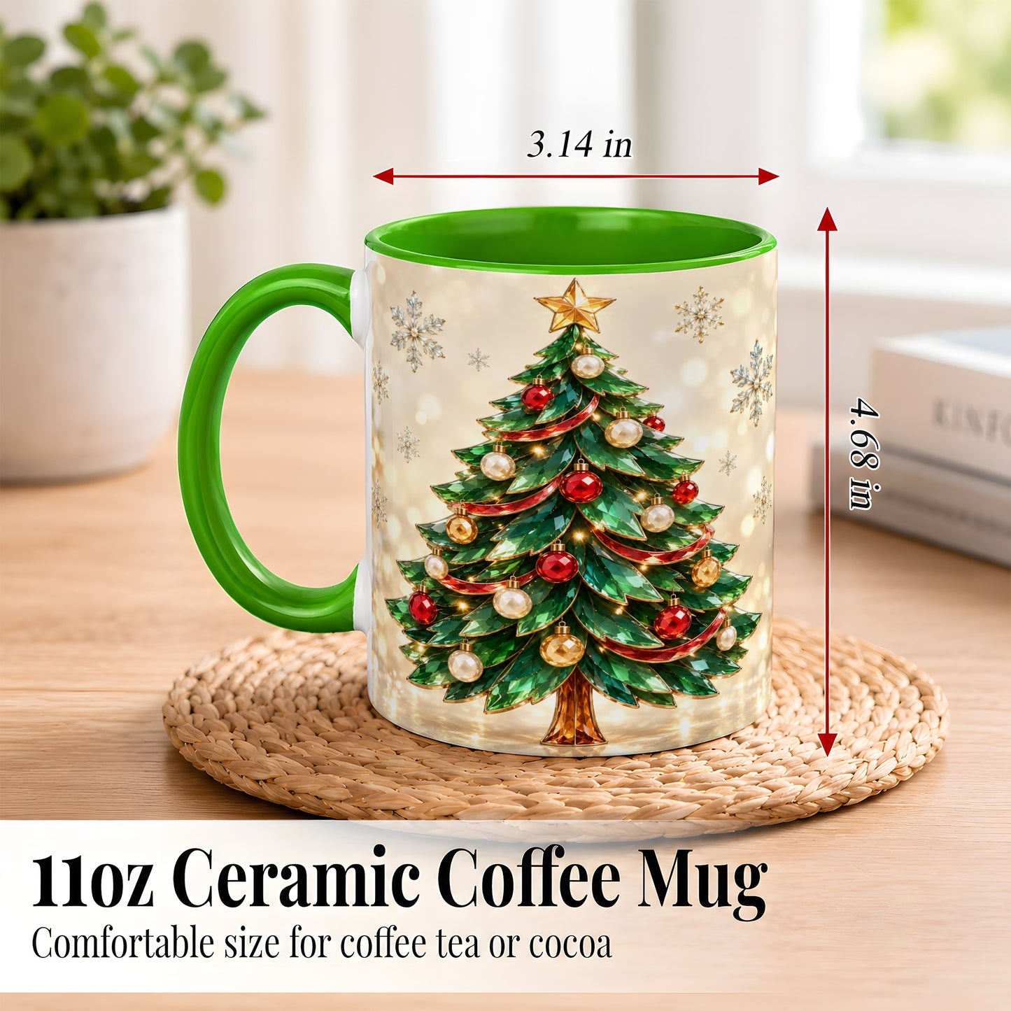 #pl[11oz|Green] Jeweled Christmas Tree Coffee Mug, Festive Ornament Mug, Ceramic Cup