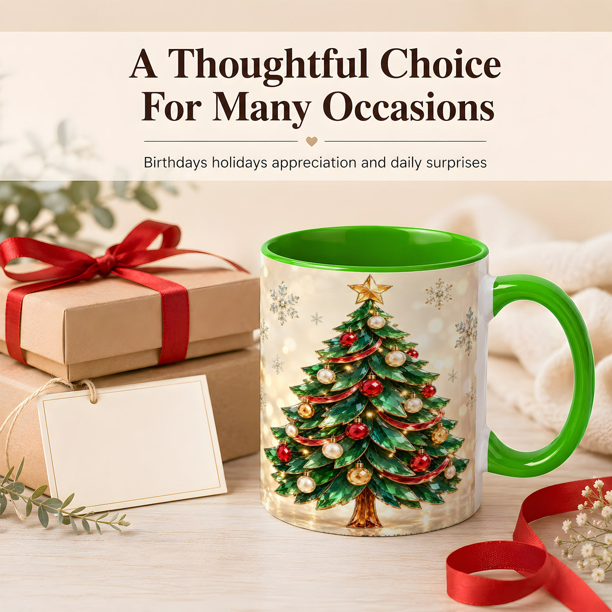 #pl[11oz|Green] Jeweled Christmas Tree Coffee Mug, Festive Ornament Mug, Ceramic Cup