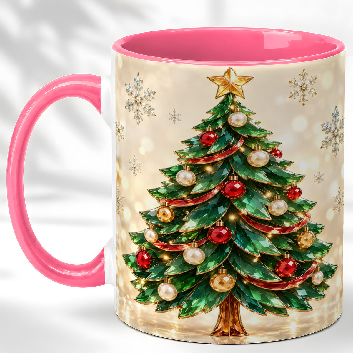 #pl[11oz|Pink] Jeweled Christmas Tree Coffee Mug, Festive Ornament Mug, Ceramic Cup