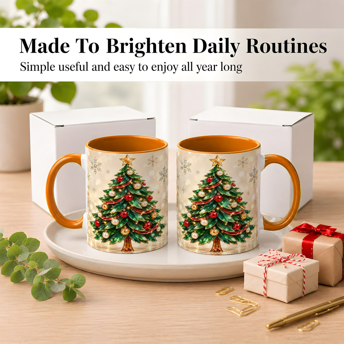 #pl[11oz|Orange] Jeweled Christmas Tree Coffee Mug, Festive Ornament Mug, Ceramic Cup
