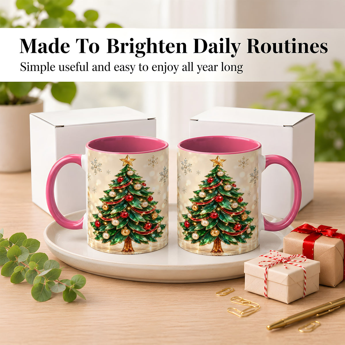 #pl[11oz|Pink] Jeweled Christmas Tree Coffee Mug, Festive Ornament Mug, Ceramic Cup