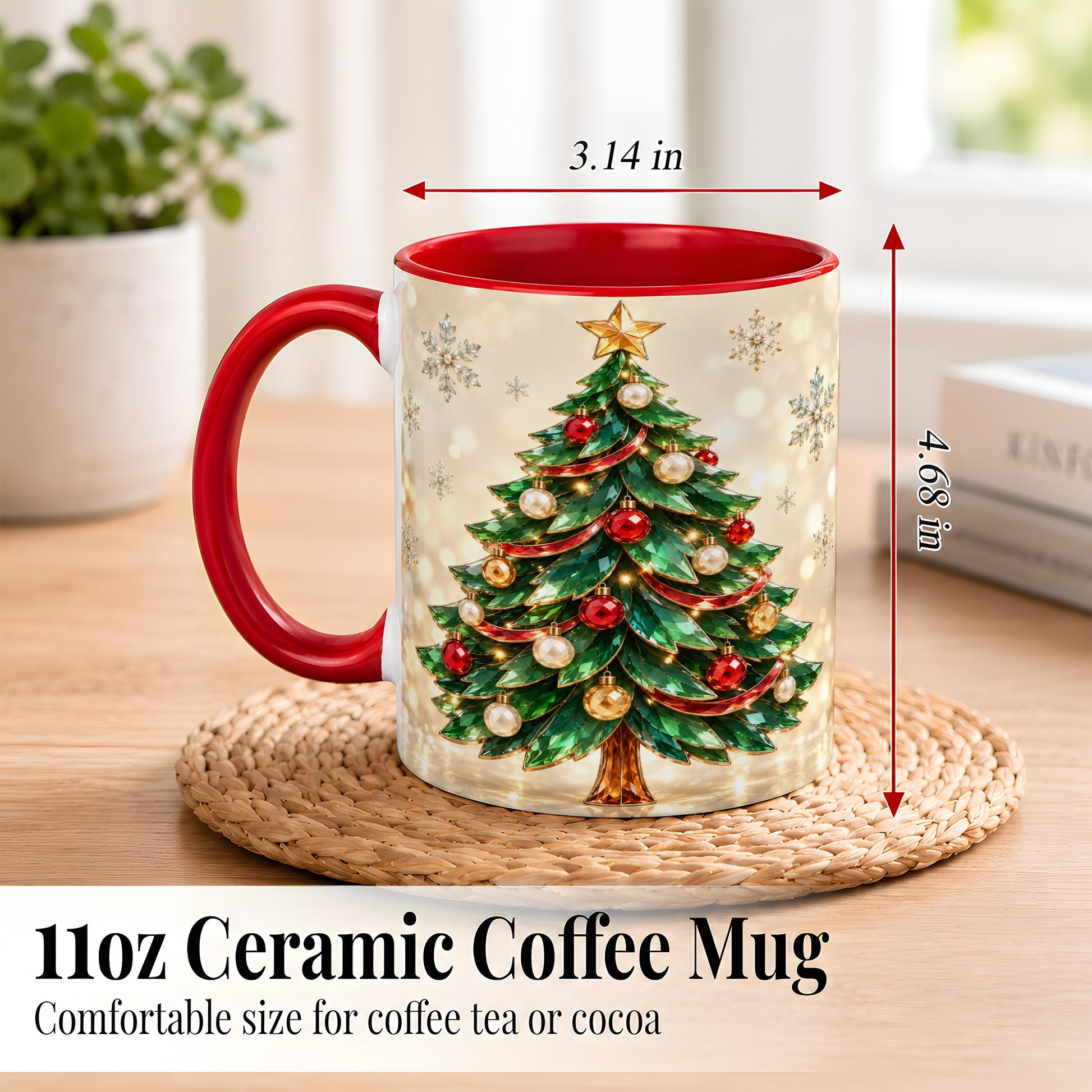 #pl[11oz|Red] Jeweled Christmas Tree Coffee Mug, Festive Ornament Mug, Ceramic Cup