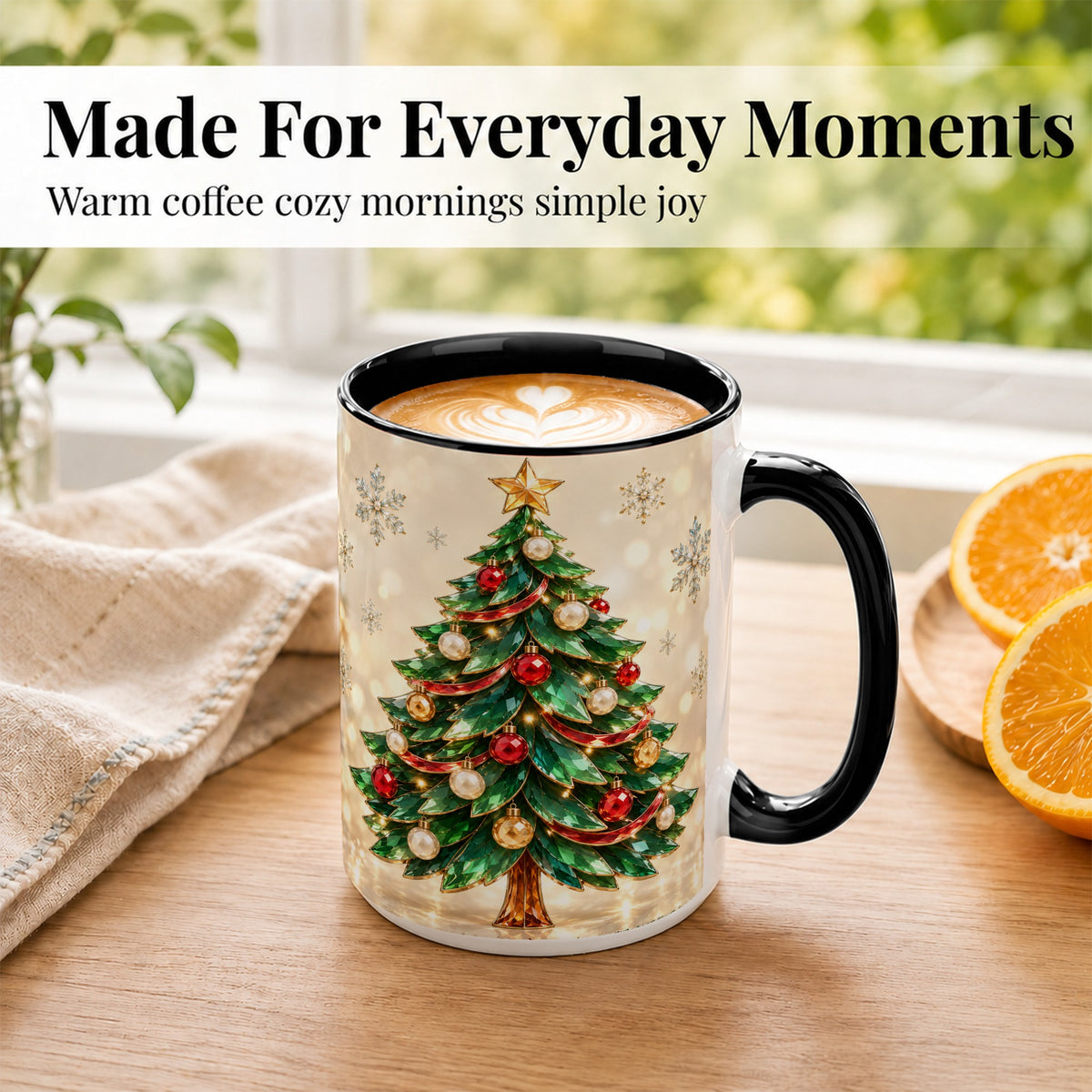 #pl[15oz|Black] Jeweled Christmas Tree Coffee Mug, Festive Ornament Mug, Ceramic Cup