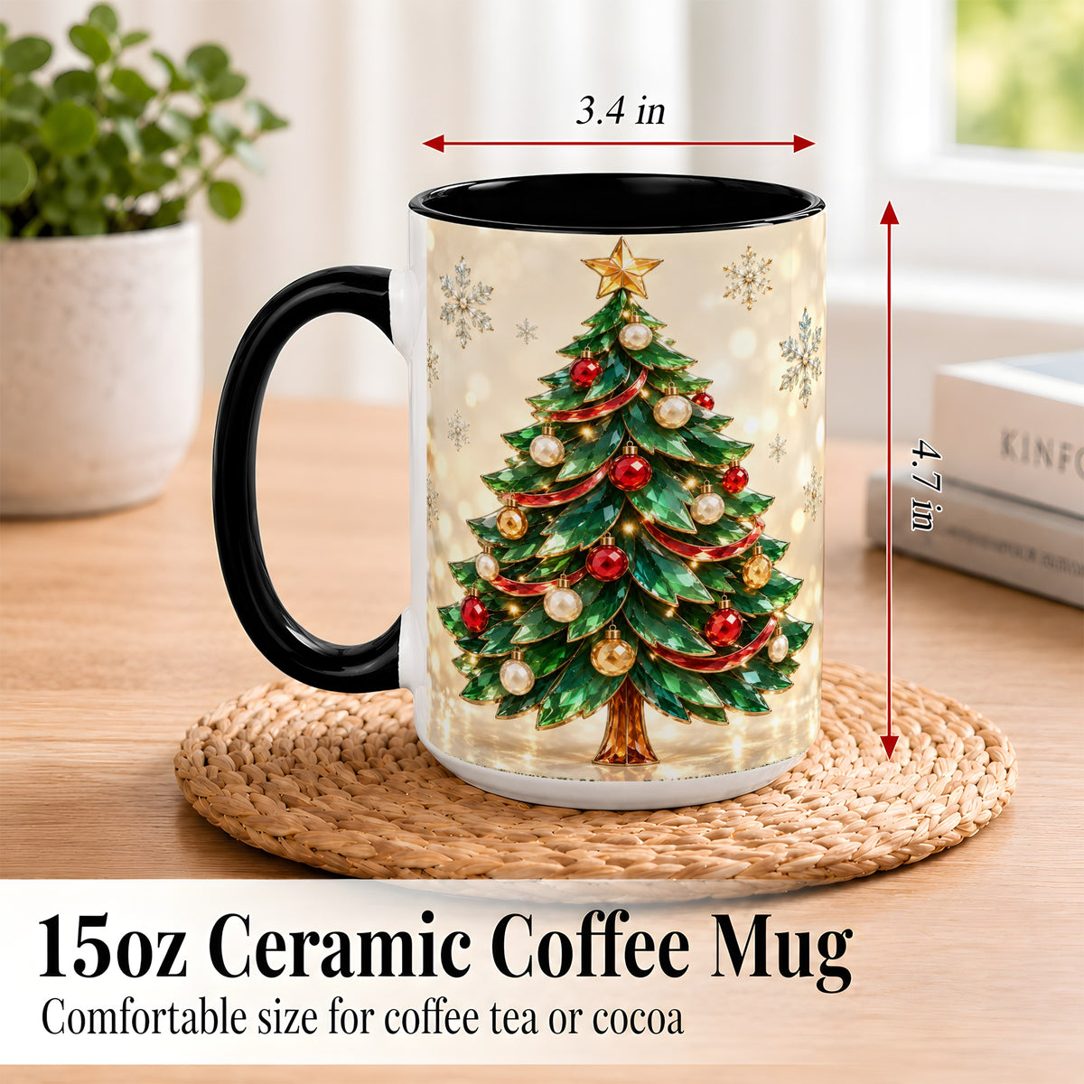 #pl[15oz|Black] Jeweled Christmas Tree Coffee Mug, Festive Ornament Mug, Ceramic Cup