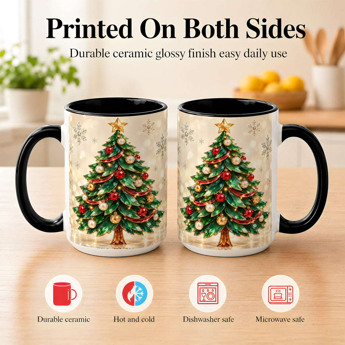 #pl[15oz|Black] Jeweled Christmas Tree Coffee Mug, Festive Ornament Mug, Ceramic Cup