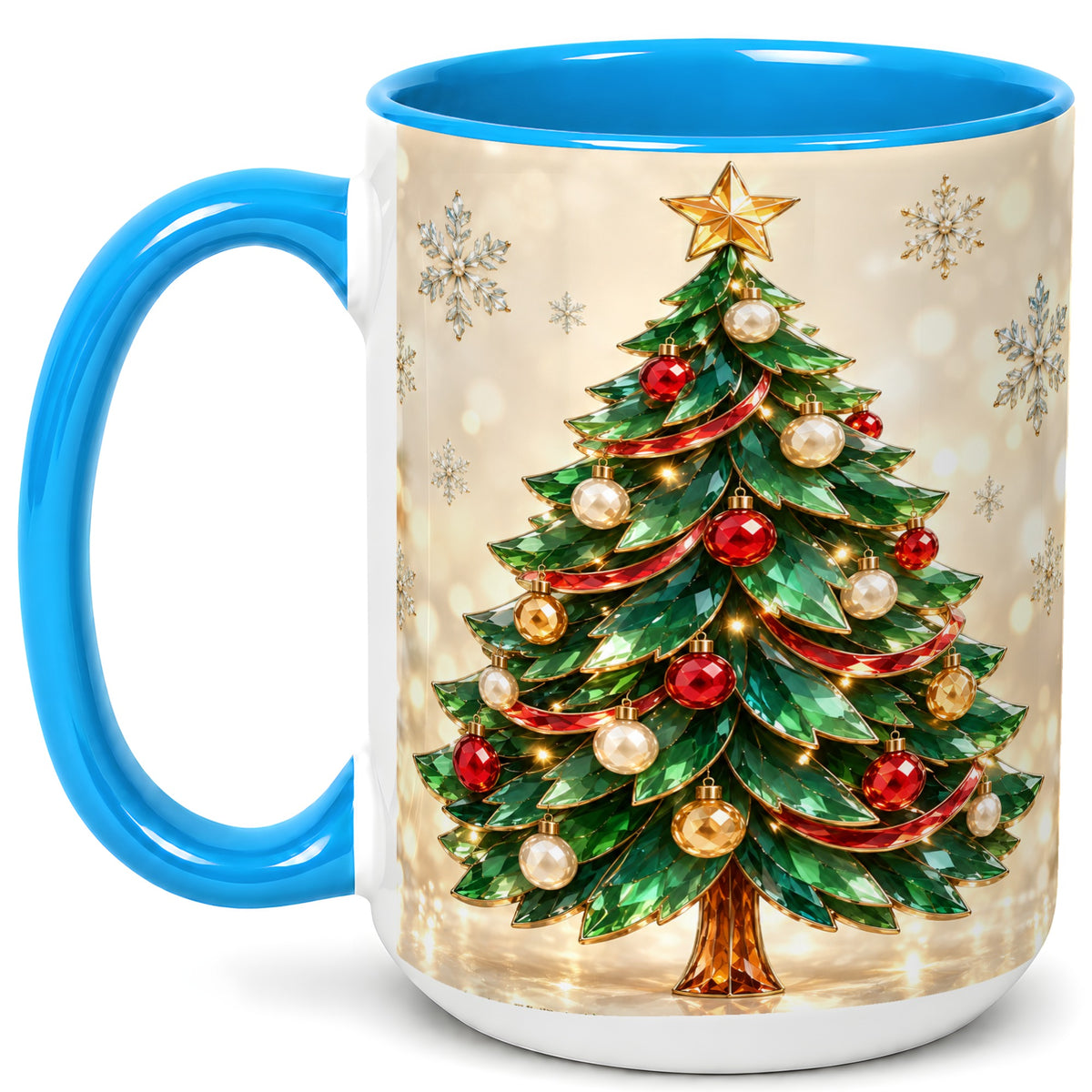 #pl[15oz|Blue] Jeweled Christmas Tree Coffee Mug, Festive Ornament Mug, Ceramic Cup
