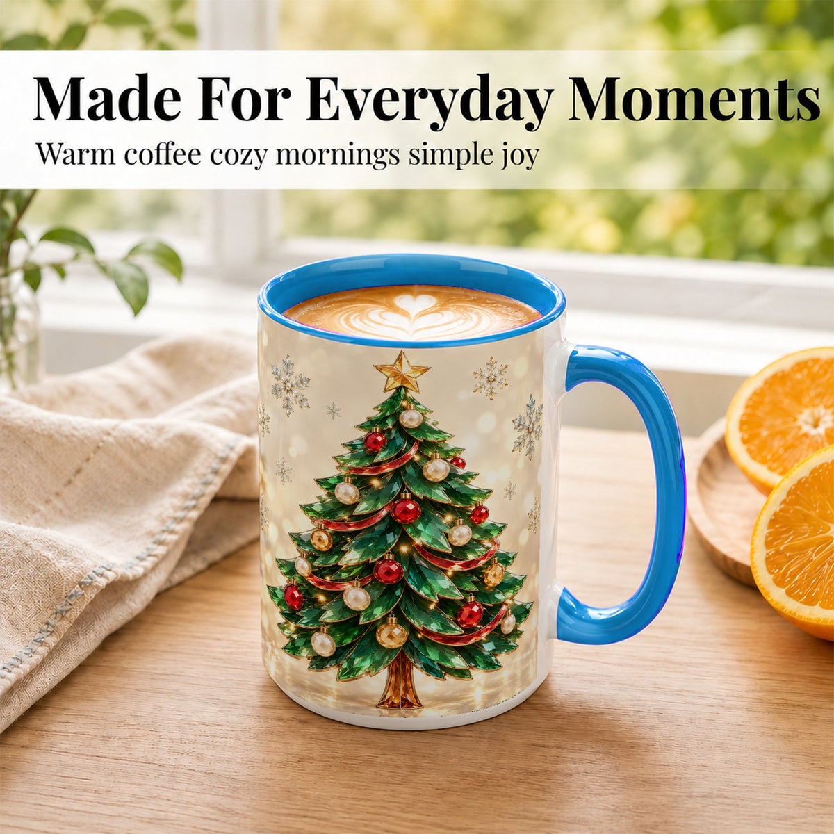 #pl[15oz|Blue] Jeweled Christmas Tree Coffee Mug, Festive Ornament Mug, Ceramic Cup