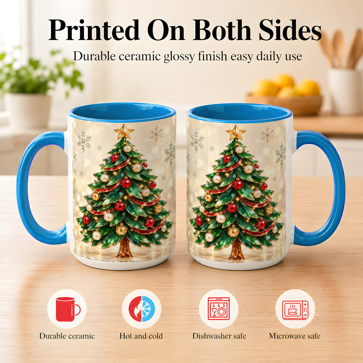 #pl[15oz|Blue] Jeweled Christmas Tree Coffee Mug, Festive Ornament Mug, Ceramic Cup