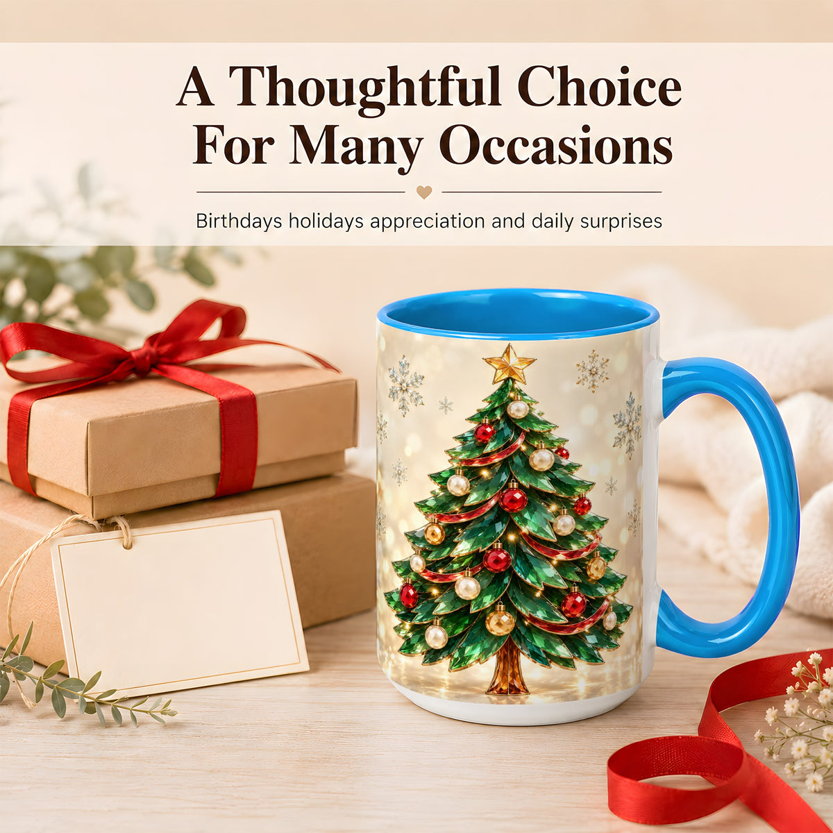 #pl[15oz|Blue] Jeweled Christmas Tree Coffee Mug, Festive Ornament Mug, Ceramic Cup