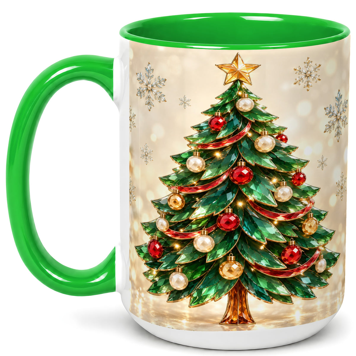 #pl[15oz|Green] Jeweled Christmas Tree Coffee Mug, Festive Ornament Mug, Ceramic Cup