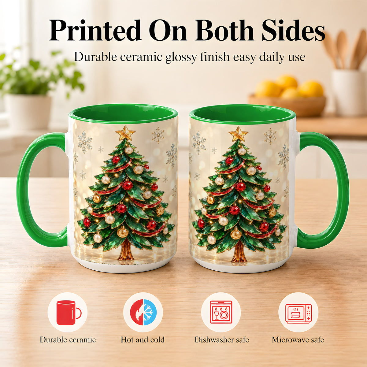 #pl[15oz|Green] Jeweled Christmas Tree Coffee Mug, Festive Ornament Mug, Ceramic Cup