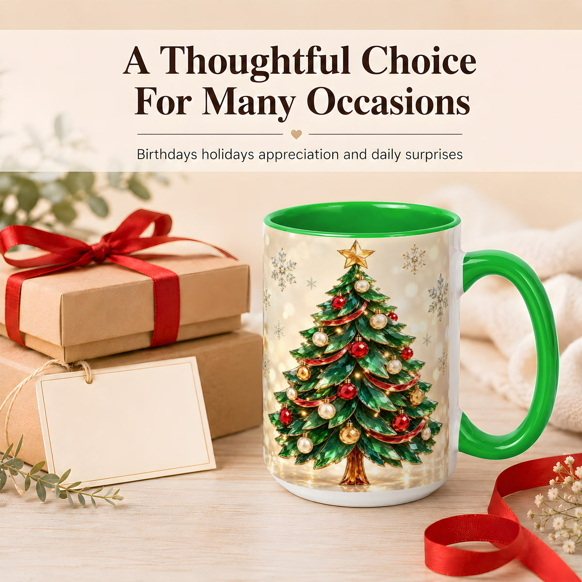#pl[15oz|Green] Jeweled Christmas Tree Coffee Mug, Festive Ornament Mug, Ceramic Cup