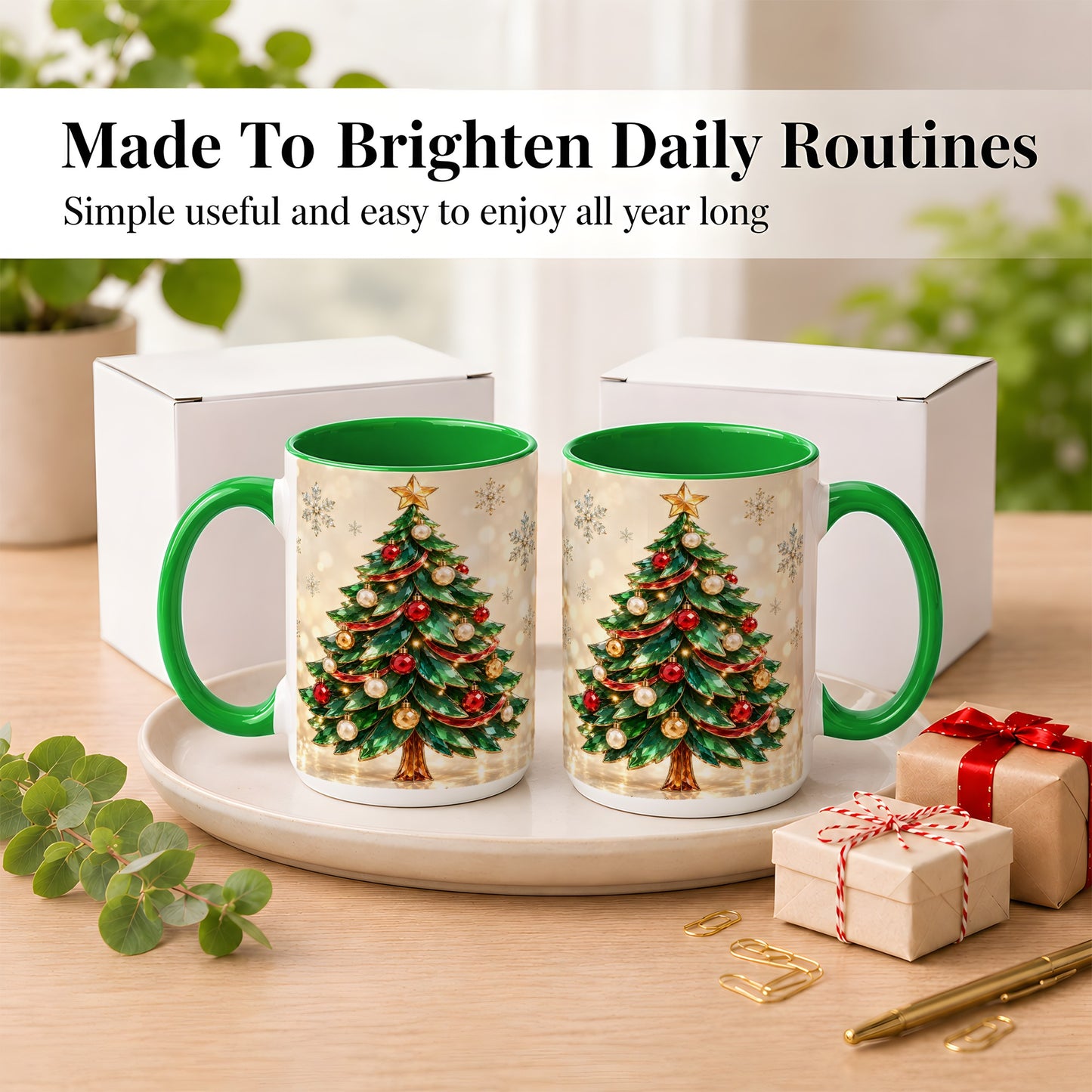 #pl[15oz|Green] Jeweled Christmas Tree Coffee Mug, Festive Ornament Mug, Ceramic Cup