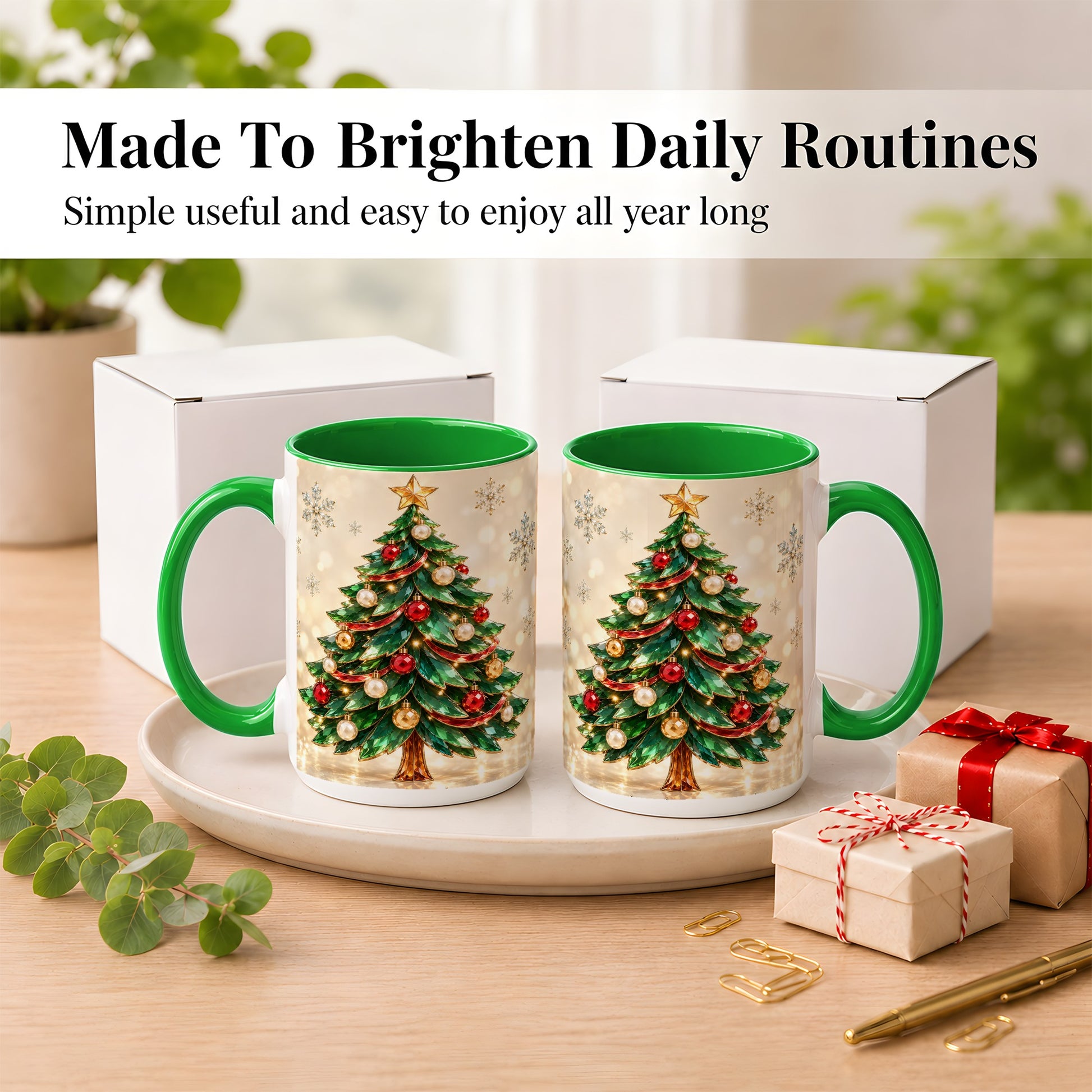 #pl[15oz|Green] Jeweled Christmas Tree Coffee Mug, Festive Ornament Mug, Ceramic Cup
