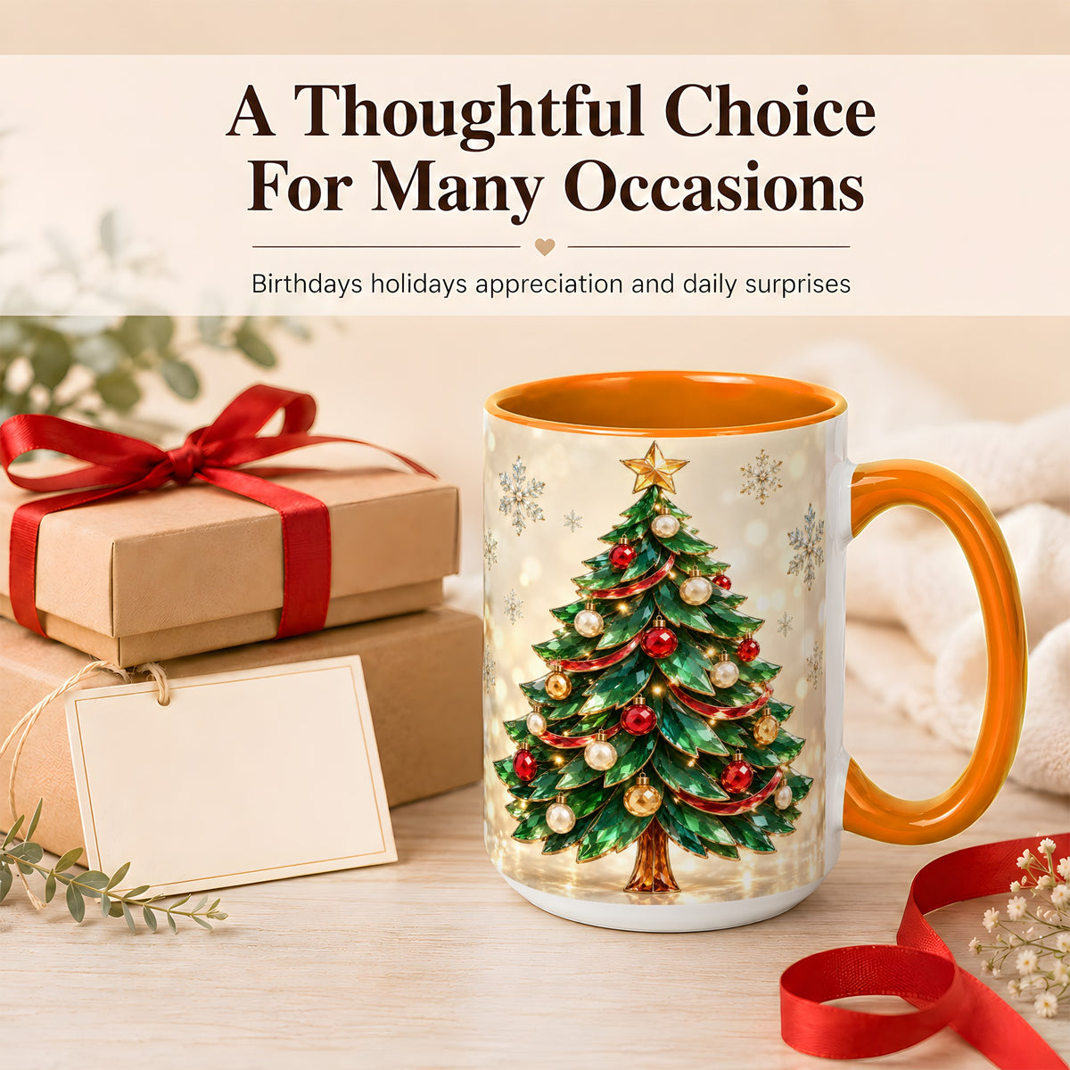 #pl[15oz|Orange] Jeweled Christmas Tree Coffee Mug, Festive Ornament Mug, Ceramic Cup