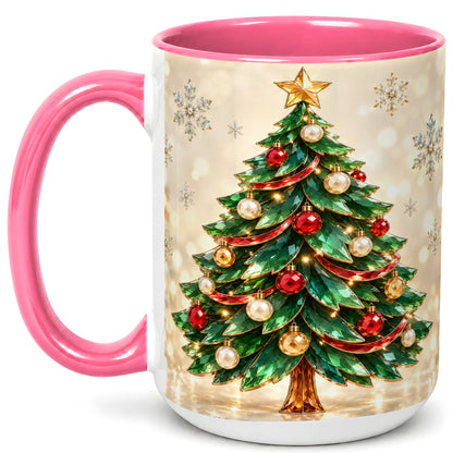 #pl[15oz|Pink] Jeweled Christmas Tree Coffee Mug, Festive Ornament Mug, Ceramic Cup