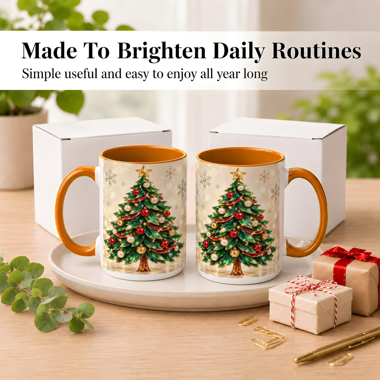 #pl[15oz|Orange] Jeweled Christmas Tree Coffee Mug, Festive Ornament Mug, Ceramic Cup