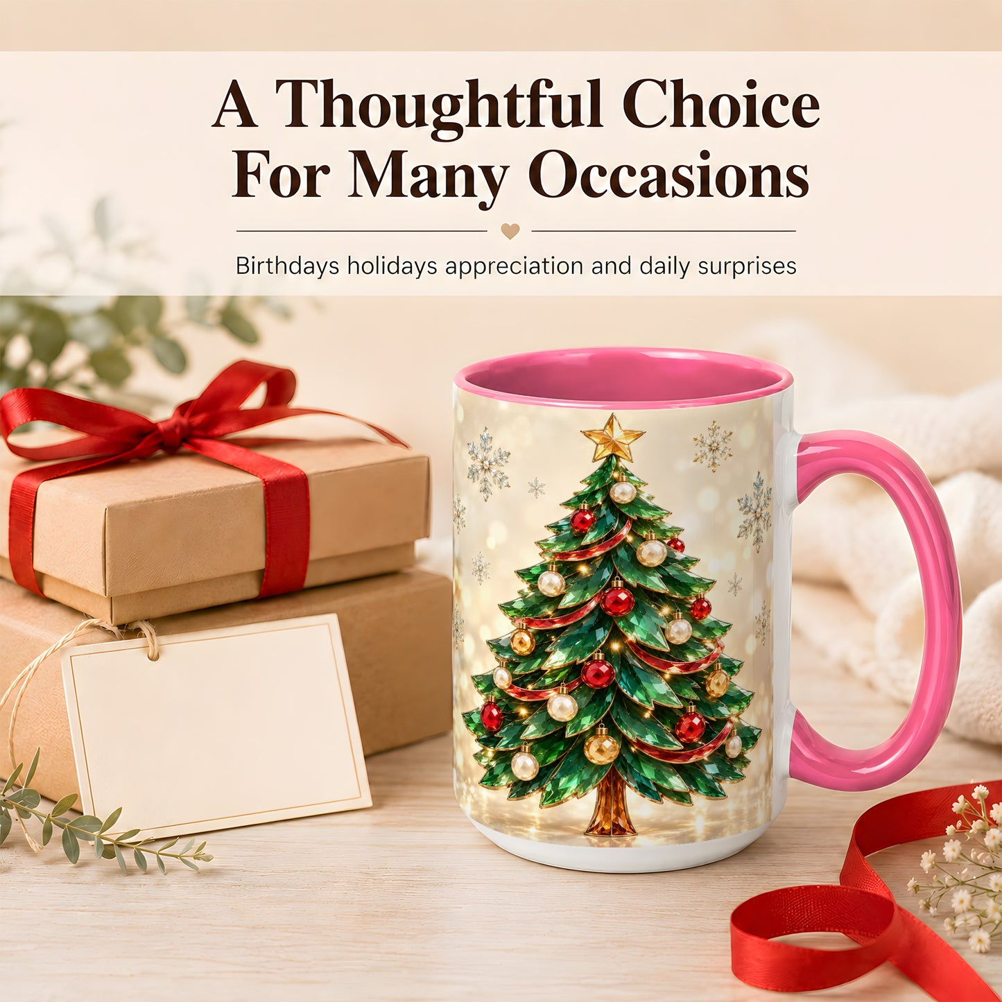 #pl[15oz|Pink] Jeweled Christmas Tree Coffee Mug, Festive Ornament Mug, Ceramic Cup