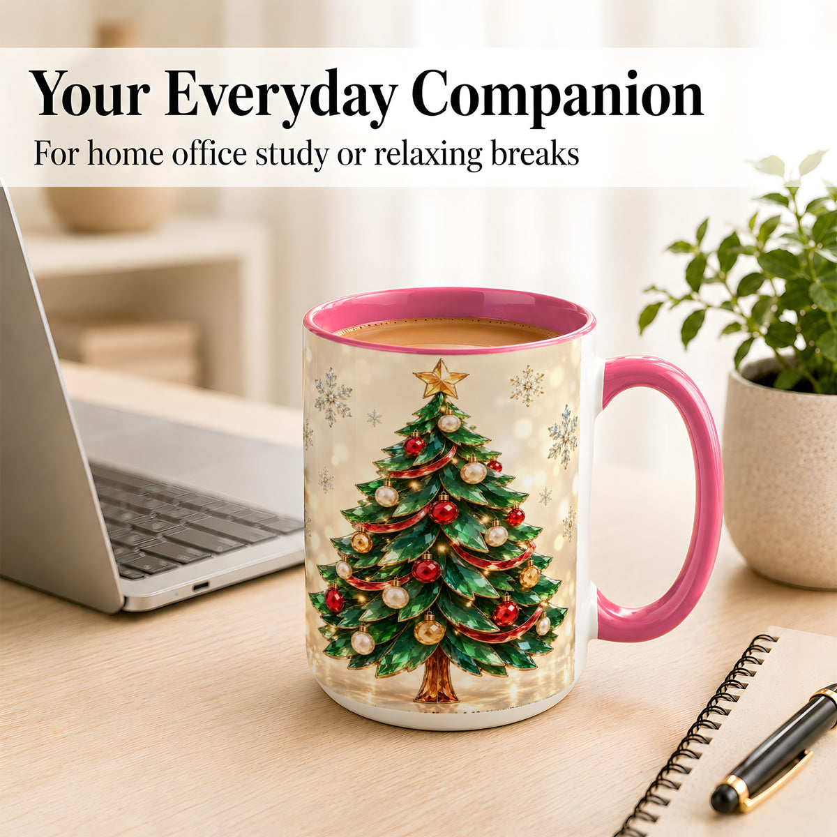 #pl[15oz|Pink] Jeweled Christmas Tree Coffee Mug, Festive Ornament Mug, Ceramic Cup