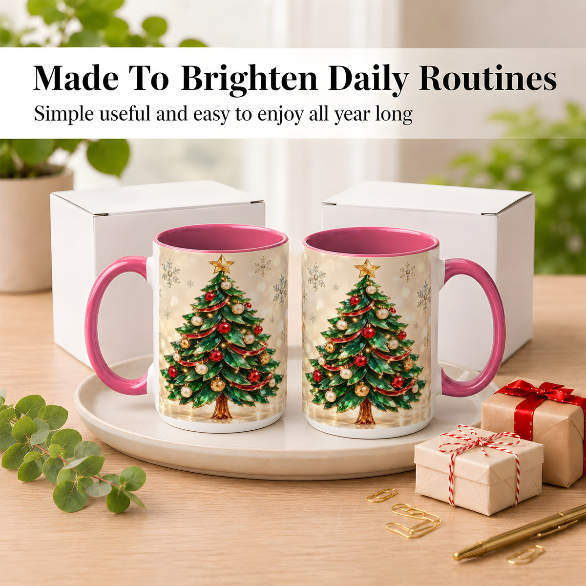 #pl[15oz|Pink] Jeweled Christmas Tree Coffee Mug, Festive Ornament Mug, Ceramic Cup