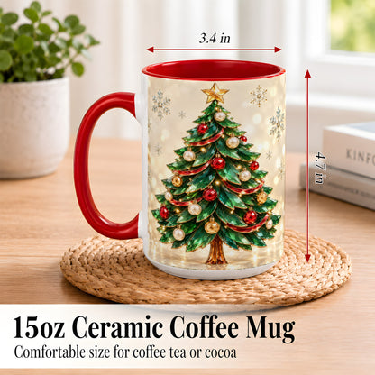 #pl[15oz|Red] Jeweled Christmas Tree Coffee Mug, Festive Ornament Mug, Ceramic Cup