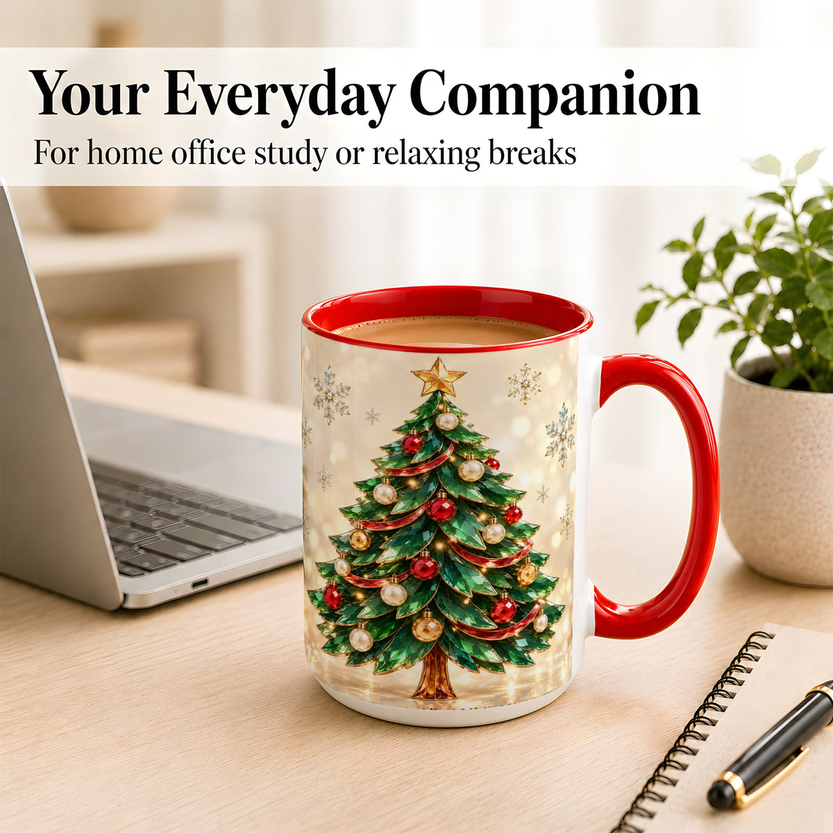 #pl[15oz|Red] Jeweled Christmas Tree Coffee Mug, Festive Ornament Mug, Ceramic Cup