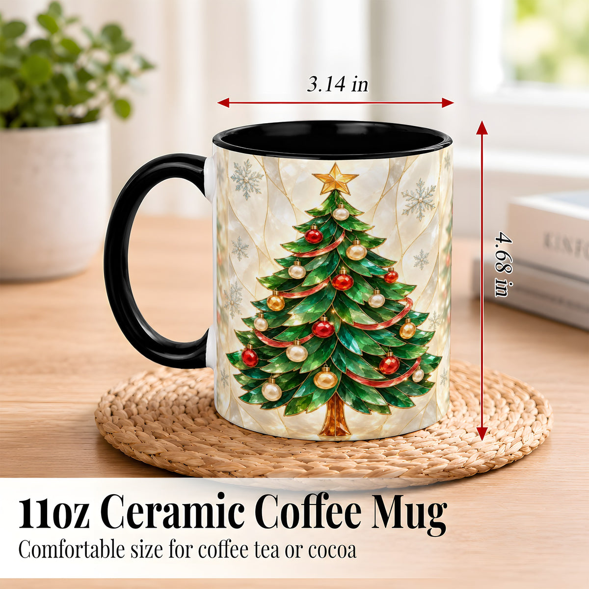#pl[11oz|Black] Jeweled Christmas Tree Coffee Mug, Holiday Ornament Mug, Ceramic Cup