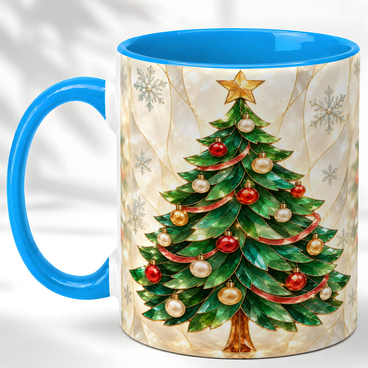 #pl[11oz|Blue] Jeweled Christmas Tree Coffee Mug, Holiday Ornament Mug, Ceramic Cup