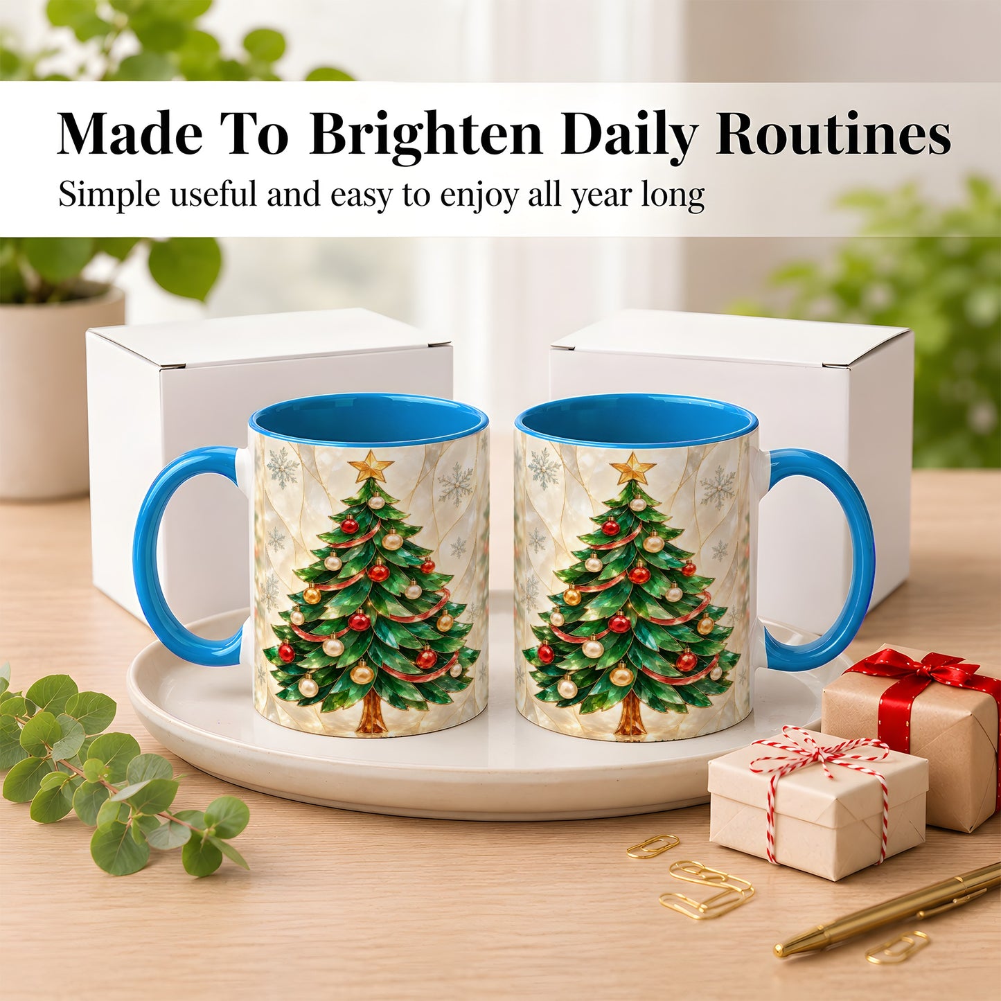 #pl[11oz|Blue] Jeweled Christmas Tree Coffee Mug, Holiday Ornament Mug, Ceramic Cup