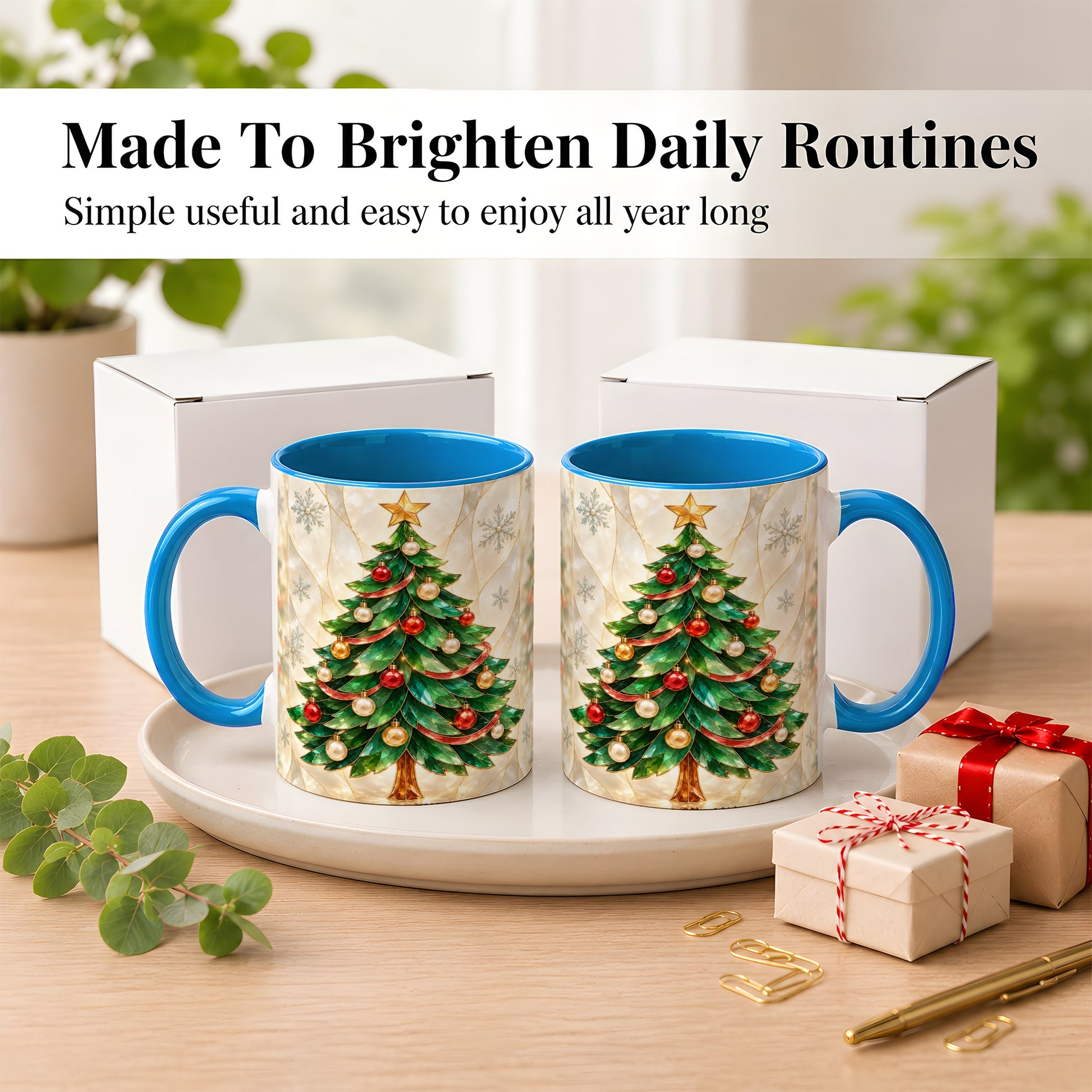 #pl[11oz|Blue] Jeweled Christmas Tree Coffee Mug, Holiday Ornament Mug, Ceramic Cup