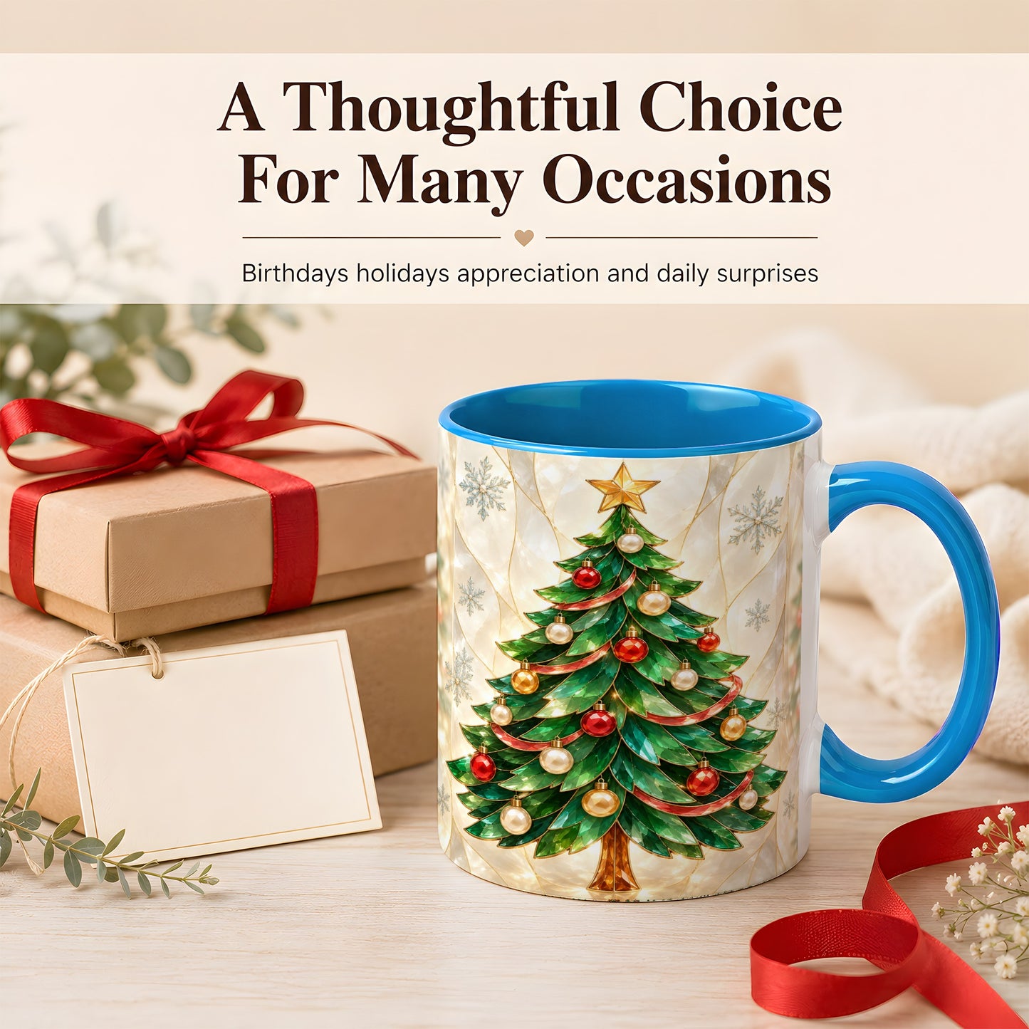 #pl[11oz|Blue] Jeweled Christmas Tree Coffee Mug, Holiday Ornament Mug, Ceramic Cup